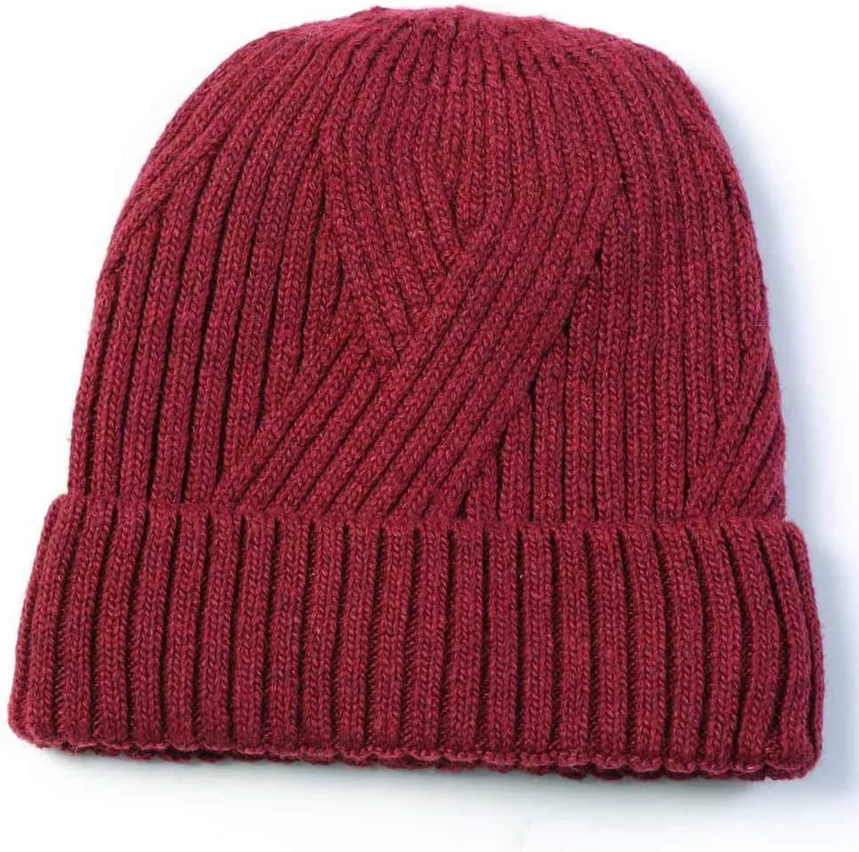 Mens Winter Knit Twill Beanie Hat Fleece Lined Ear Warmer Roll up Edge Skullcap
