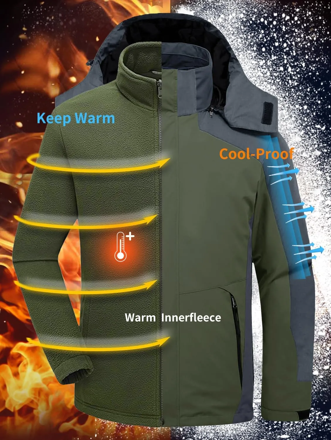 Mens Winter Skiing Jacket 3 in 1 Waterproof Warm Snow Fleece Lining Coat Hooded Windproof Jacket S-6XL