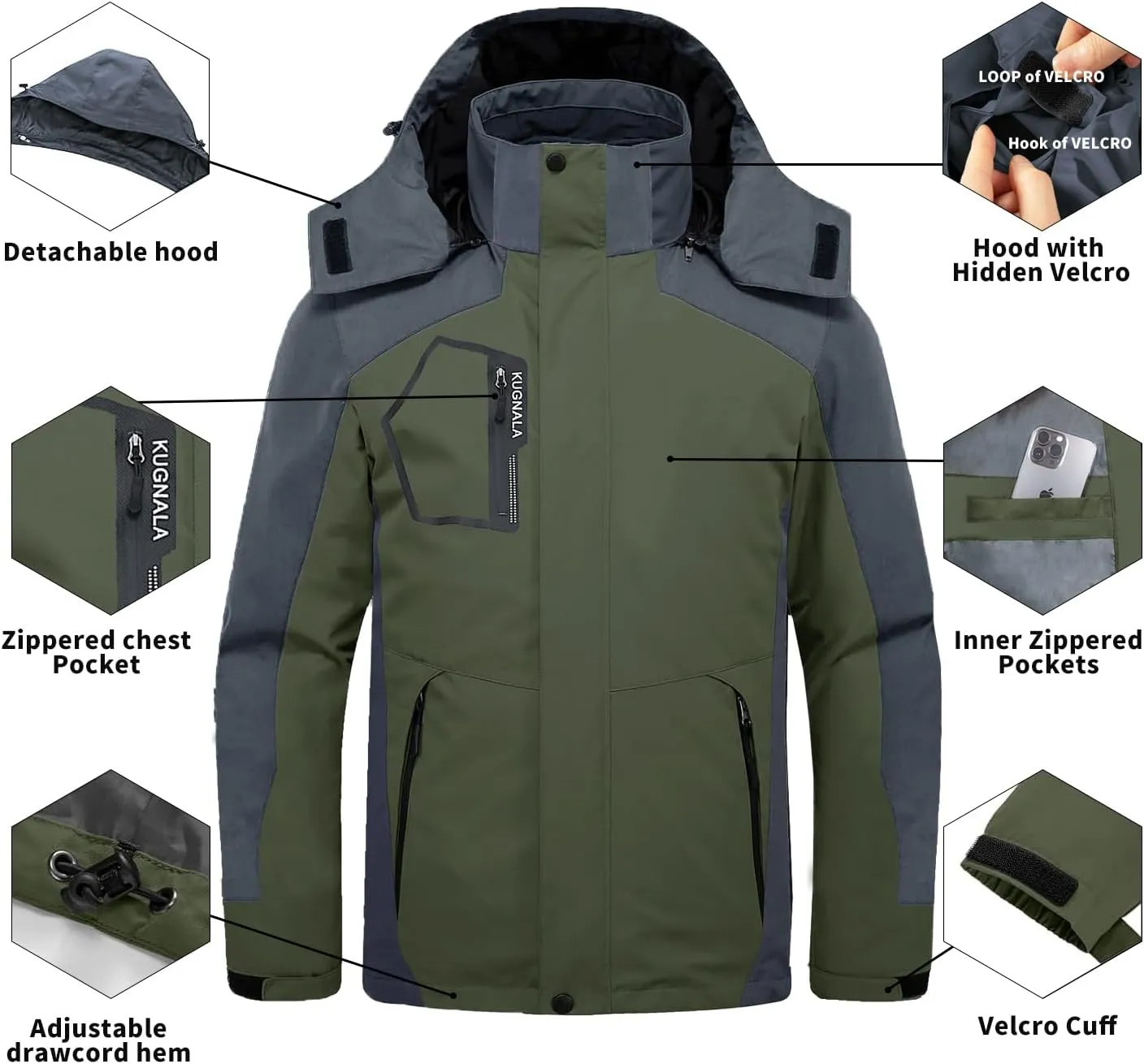 Mens Winter Skiing Jacket 3 in 1 Waterproof Warm Snow Fleece Lining Coat Hooded Windproof Jacket S-6XL