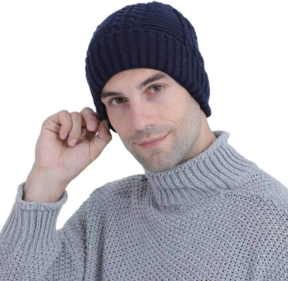 Mens Winter Twist Knit Beanie Hat Fleece Lined Ear Warmer Roll up Edge Skullcap