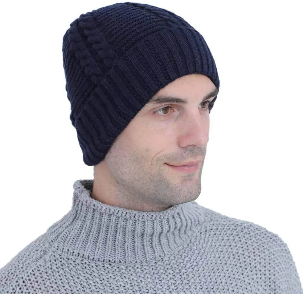 Mens Winter Twist Knit Beanie Hat Fleece Lined Ear Warmer Roll up Edge Skullcap