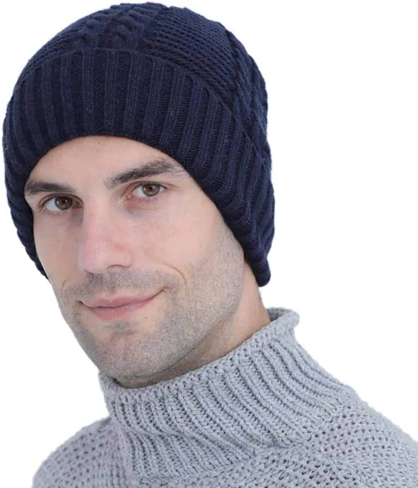 Mens Winter Twist Knit Beanie Hat Fleece Lined Ear Warmer Roll up Edge Skullcap