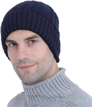 Mens Winter Twist Knit Beanie Hat Fleece Lined Ear Warmer Roll up Edge Skullcap