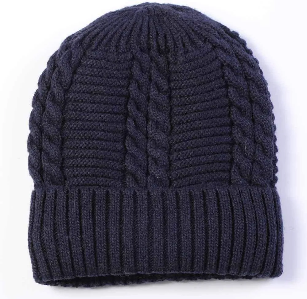 Mens Winter Twist Knit Beanie Hat Fleece Lined Ear Warmer Roll up Edge Skullcap