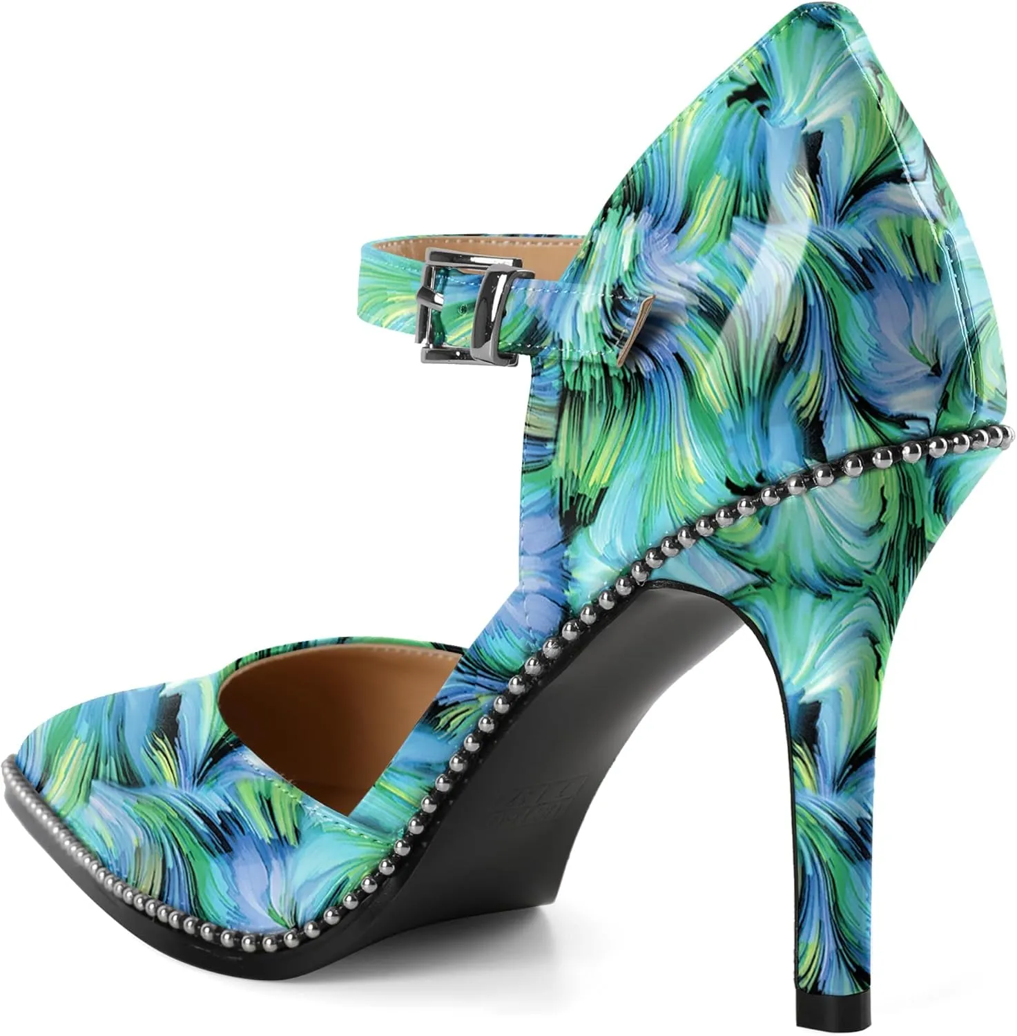 Mettesally Women High Heels Closed Pointed Toe Heels Stilettos Beaded Pumps Ankle Strap Women Pumps Shoes 3.5 Inch