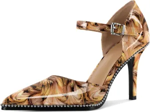 Mettesally Women High Heels Closed Pointed Toe Heels Stilettos Beaded Pumps Ankle Strap Women Pumps Shoes 3.5 Inch