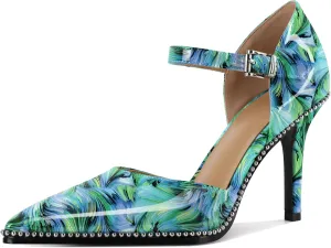 Mettesally Women High Heels Closed Pointed Toe Heels Stilettos Beaded Pumps Ankle Strap Women Pumps Shoes 3.5 Inch