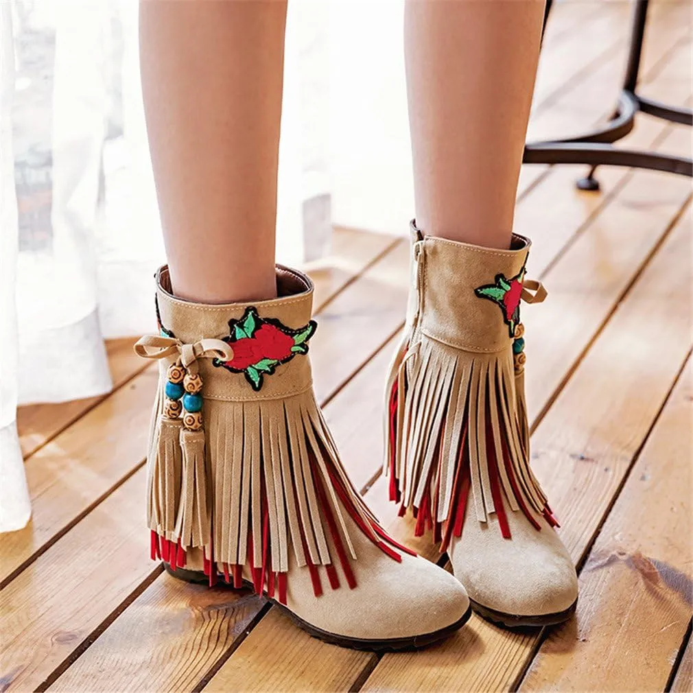 MFairy Woman's Low Heel Tassel Boots Side Zipper Ankle Booties