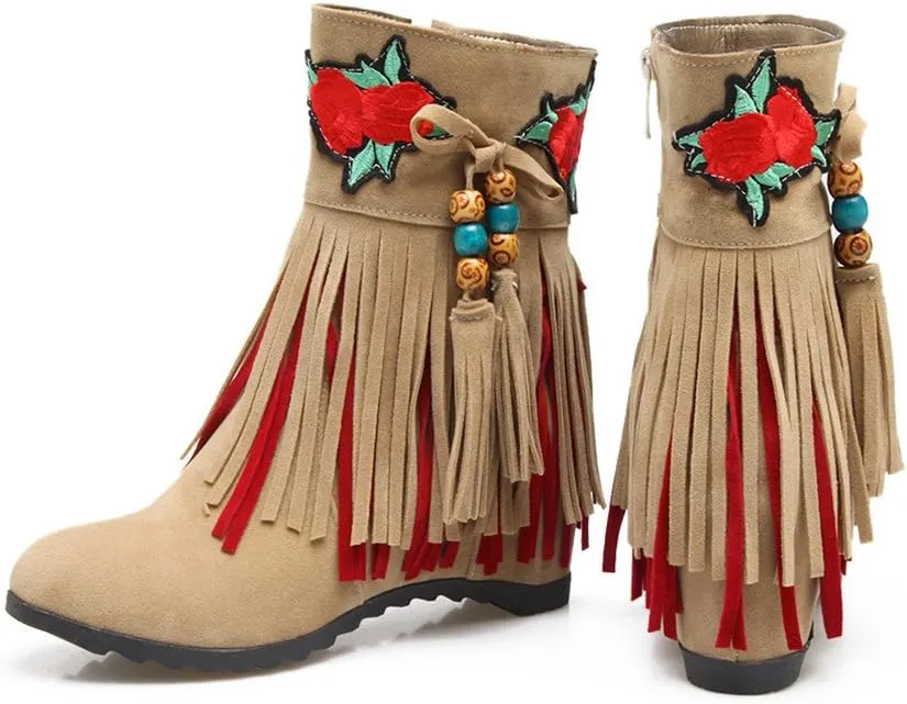 MFairy Woman's Low Heel Tassel Boots Side Zipper Ankle Booties