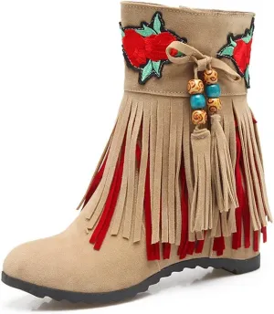 MFairy Woman's Low Heel Tassel Boots Side Zipper Ankle Booties