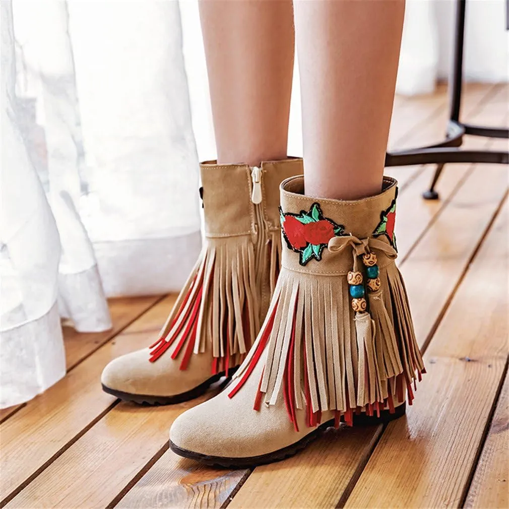MFairy Woman's Low Heel Tassel Boots Side Zipper Ankle Booties