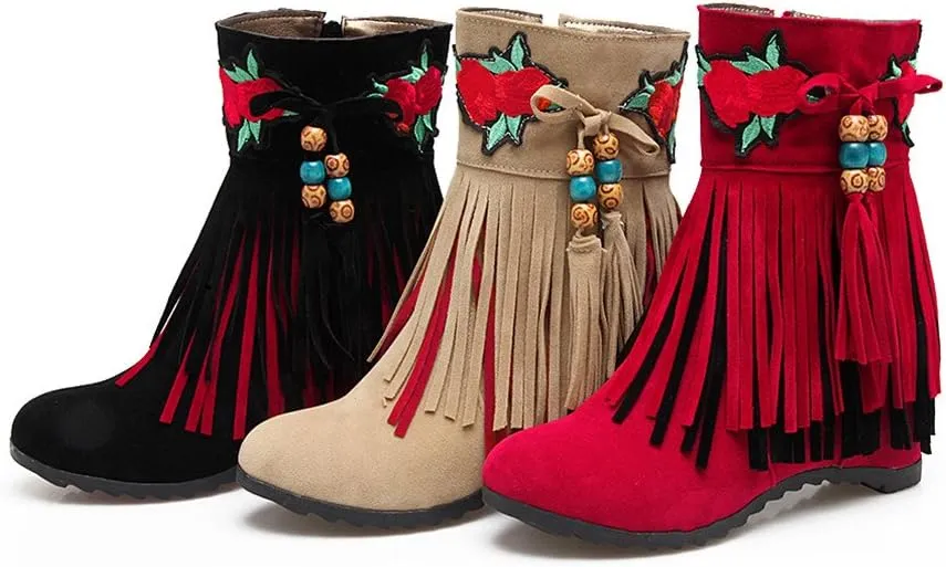 MFairy Woman's Low Heel Tassel Boots Side Zipper Ankle Booties