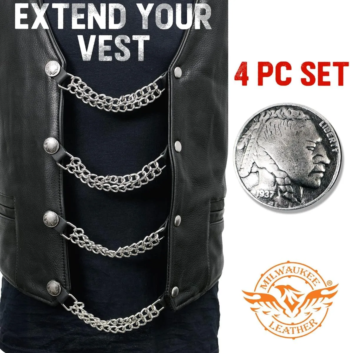Milwaukee Leather Indian Head Medallion Vest Extender - Double Chrome Chains Genuine Leather 8.5" Extension 4-PCS MLA6044SET - 6 Inch
