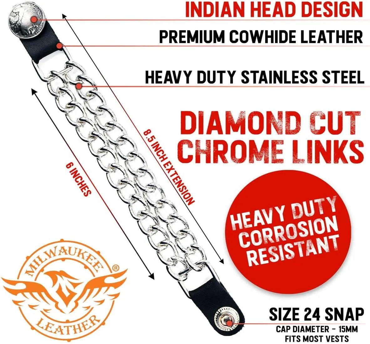Milwaukee Leather Indian Head Medallion Vest Extender - Double Chrome Chains Genuine Leather 8.5" Extension 4-PCS MLA6044SET - 6 Inch