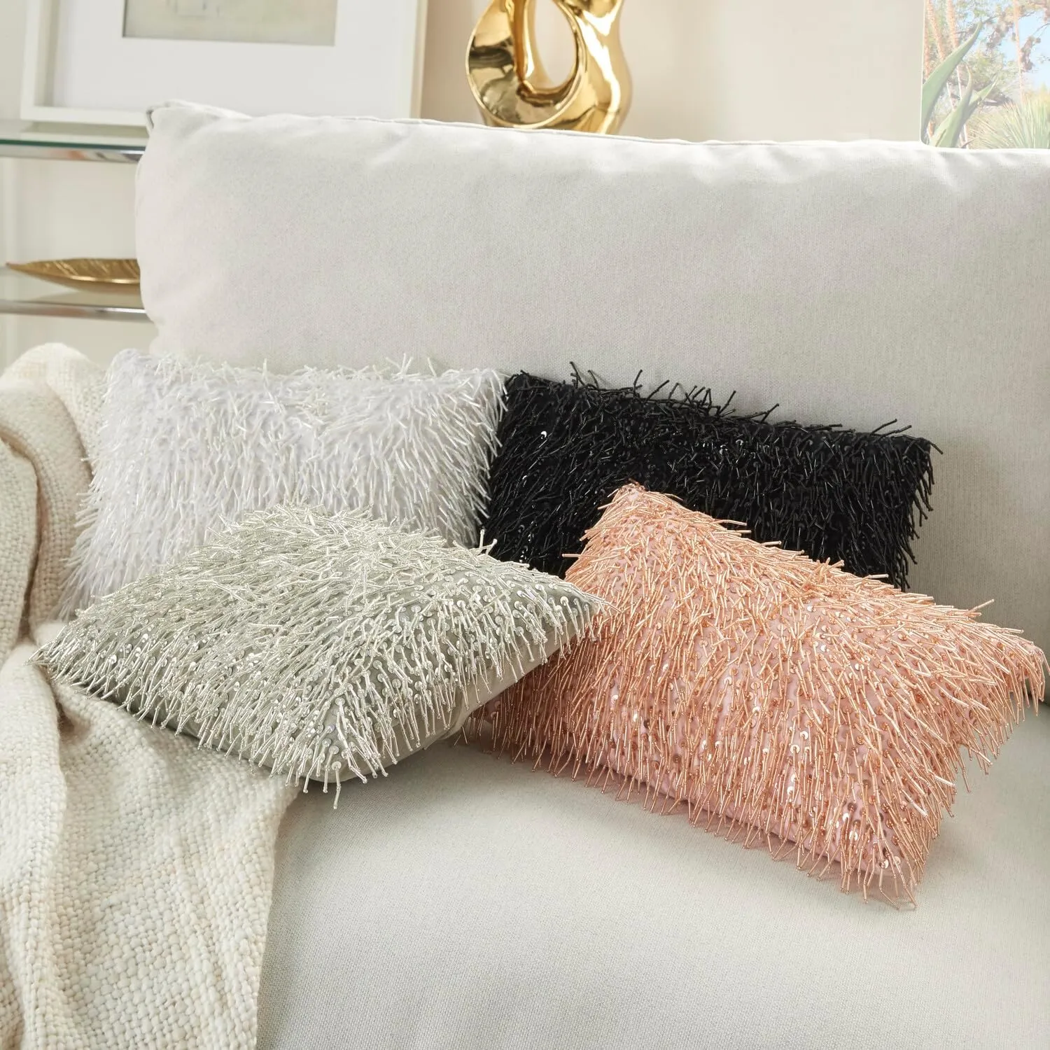 Mina Victory Luminescence Beaded Tassels White 10" X 14" Throw Pillow
