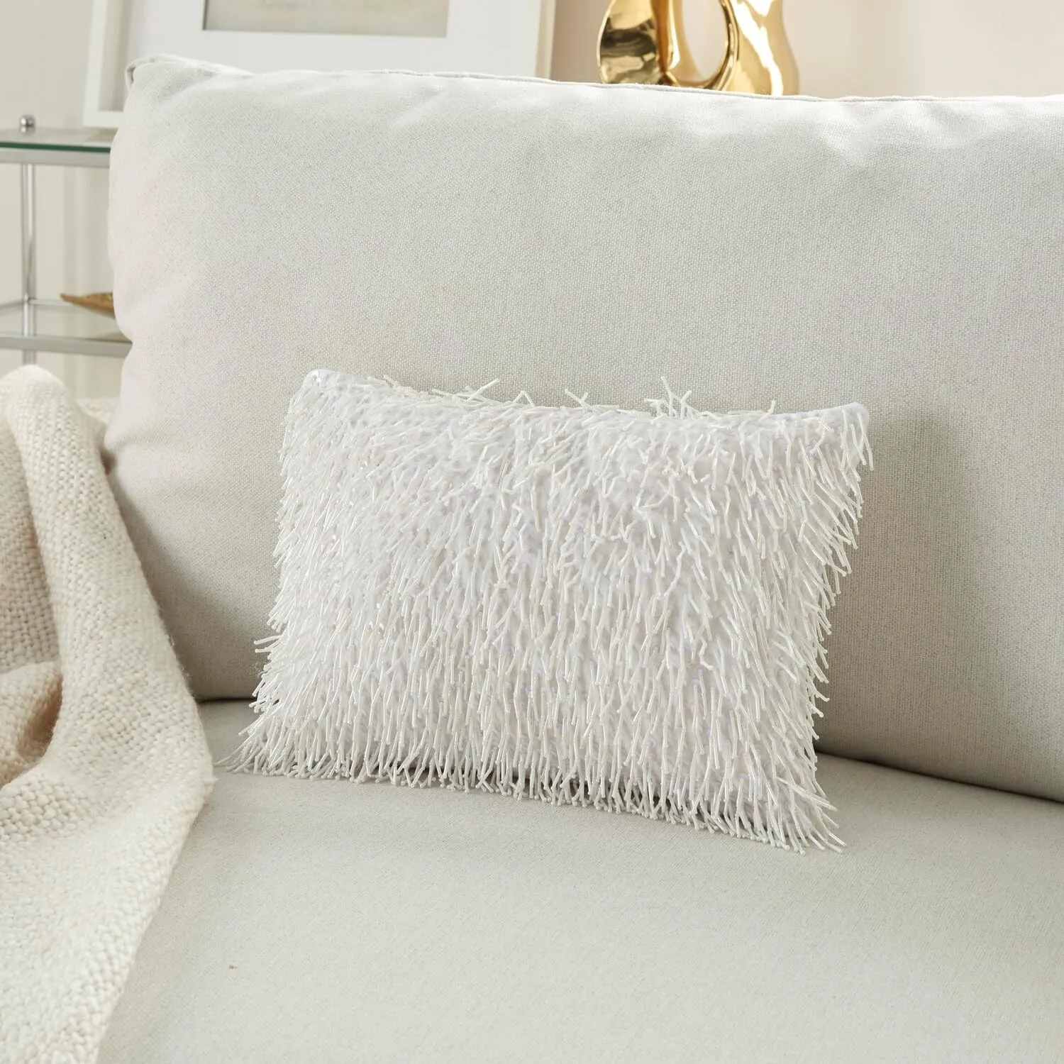 Mina Victory Luminescence Beaded Tassels White 10" X 14" Throw Pillow