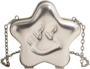 Mini Star Shape Single Shoulder Crossbody Bag Y2k Chain Handbag Smile Purses PU Leather Backpack Cute Cosmetic Bag (Silver)