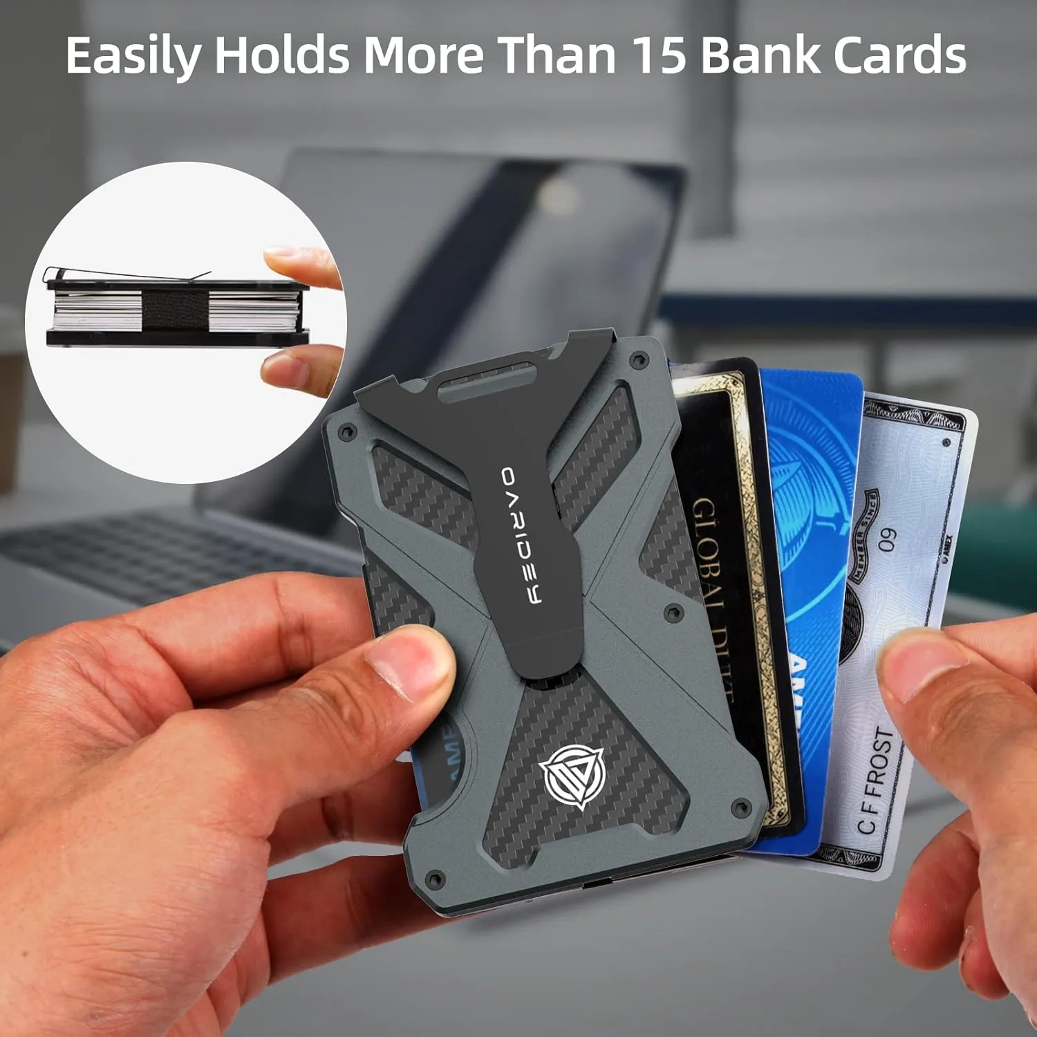 Minimalist Wallet for Men- Slim Aluminum Metal Money Clip Wallet with Clear ID Card Holder, Carbon Fiber Wallet, RFID Blocking,Holds up 15 Cards with Cash Clip,Ultra-Thin Tactical Wallet - Dark Grey
