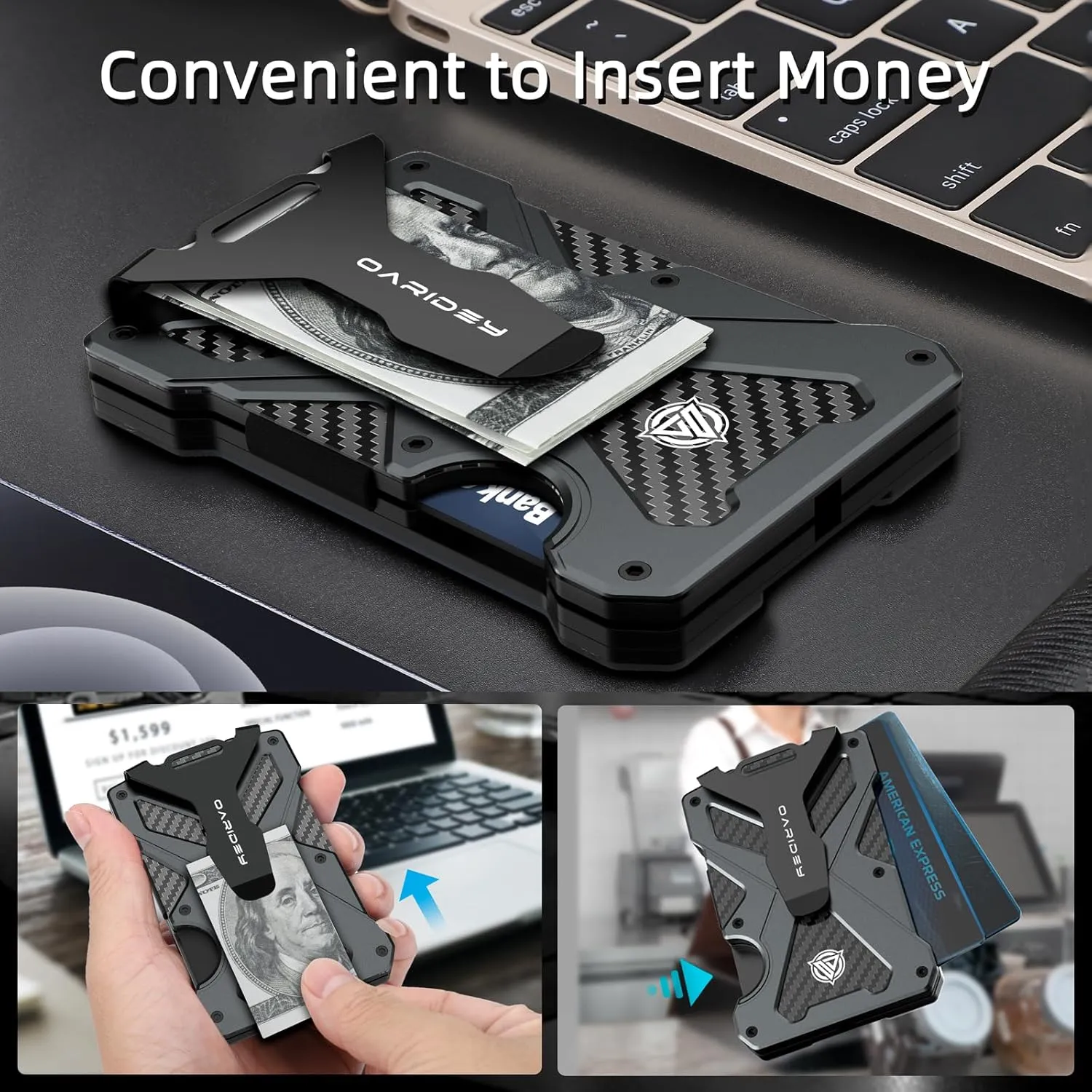 Minimalist Wallet for Men- Slim Aluminum Metal Money Clip Wallet with Clear ID Card Holder, Carbon Fiber Wallet, RFID Blocking,Holds up 15 Cards with Cash Clip,Ultra-Thin Tactical Wallet - Dark Grey