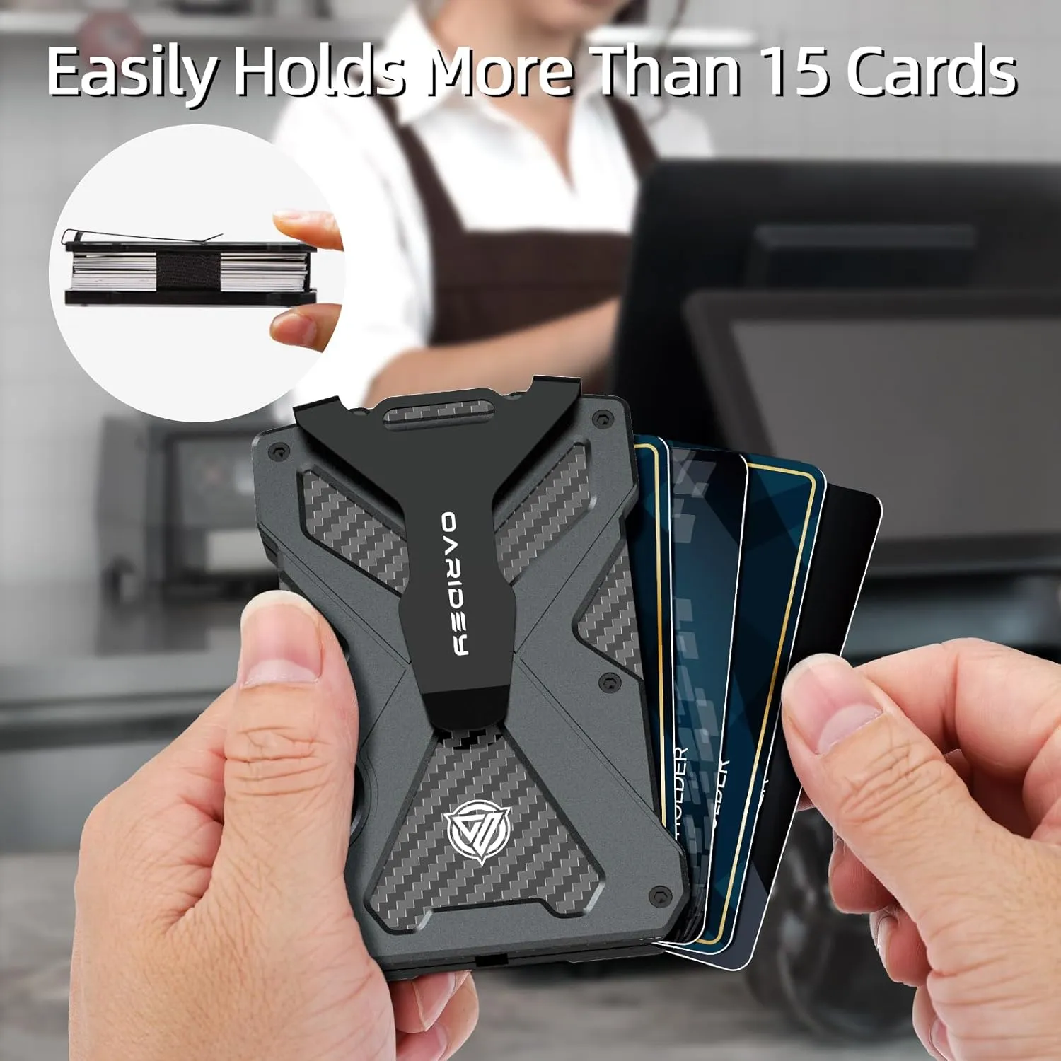 Minimalist Wallet for Men- Slim Aluminum Metal Money Clip Wallet with Clear ID Card Holder, Carbon Fiber Wallet, RFID Blocking,Holds up 15 Cards with Cash Clip,Ultra-Thin Tactical Wallet - Dark Grey