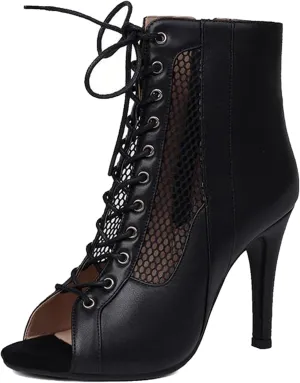 Minishion Ballroom Dance Booties for Women Peep Toe Lace-up Outdoor Dressy Ankle Boots Z004
