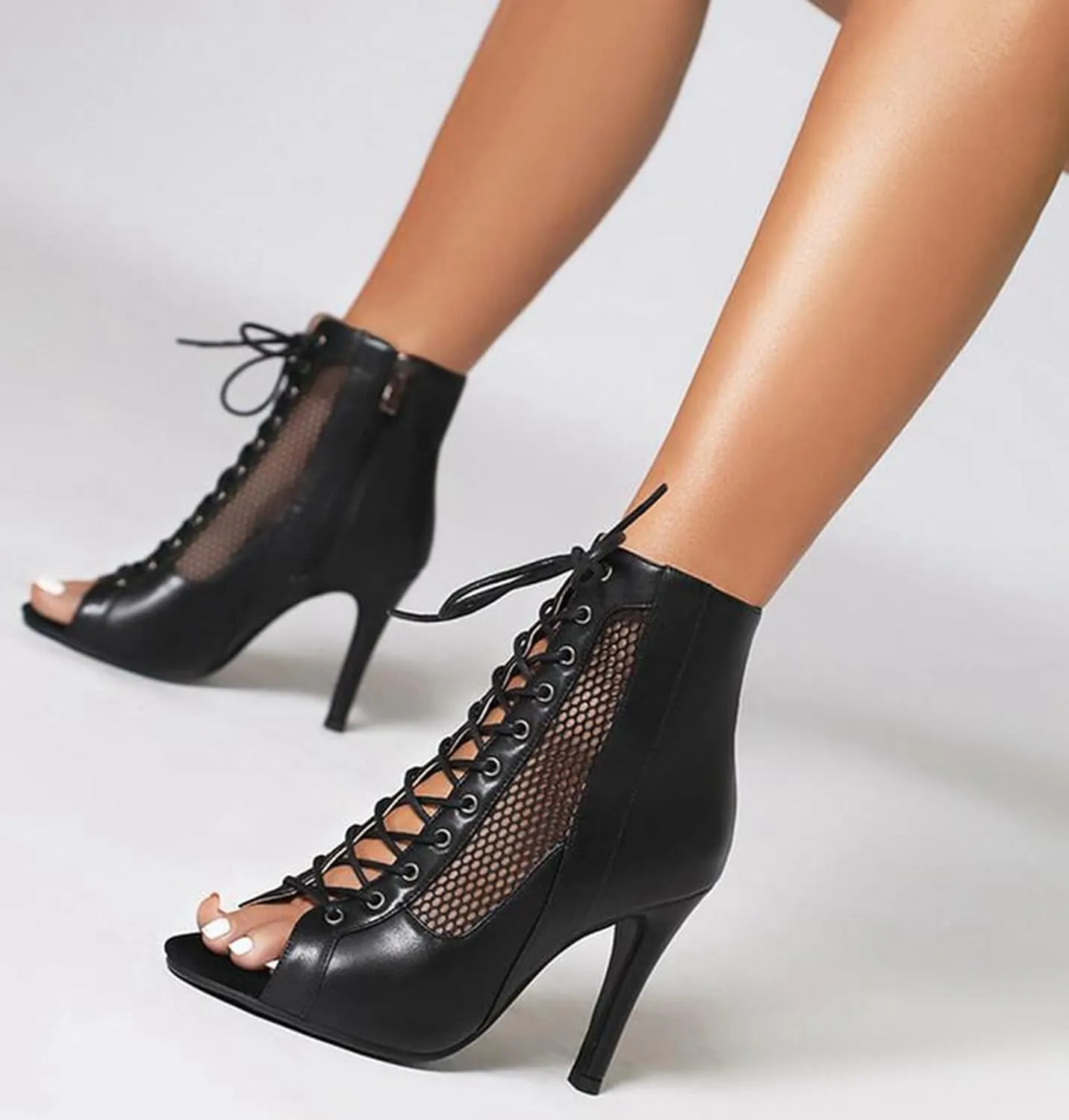 Minishion Ballroom Dance Booties for Women Peep Toe Lace-up Outdoor Dressy Ankle Boots Z004