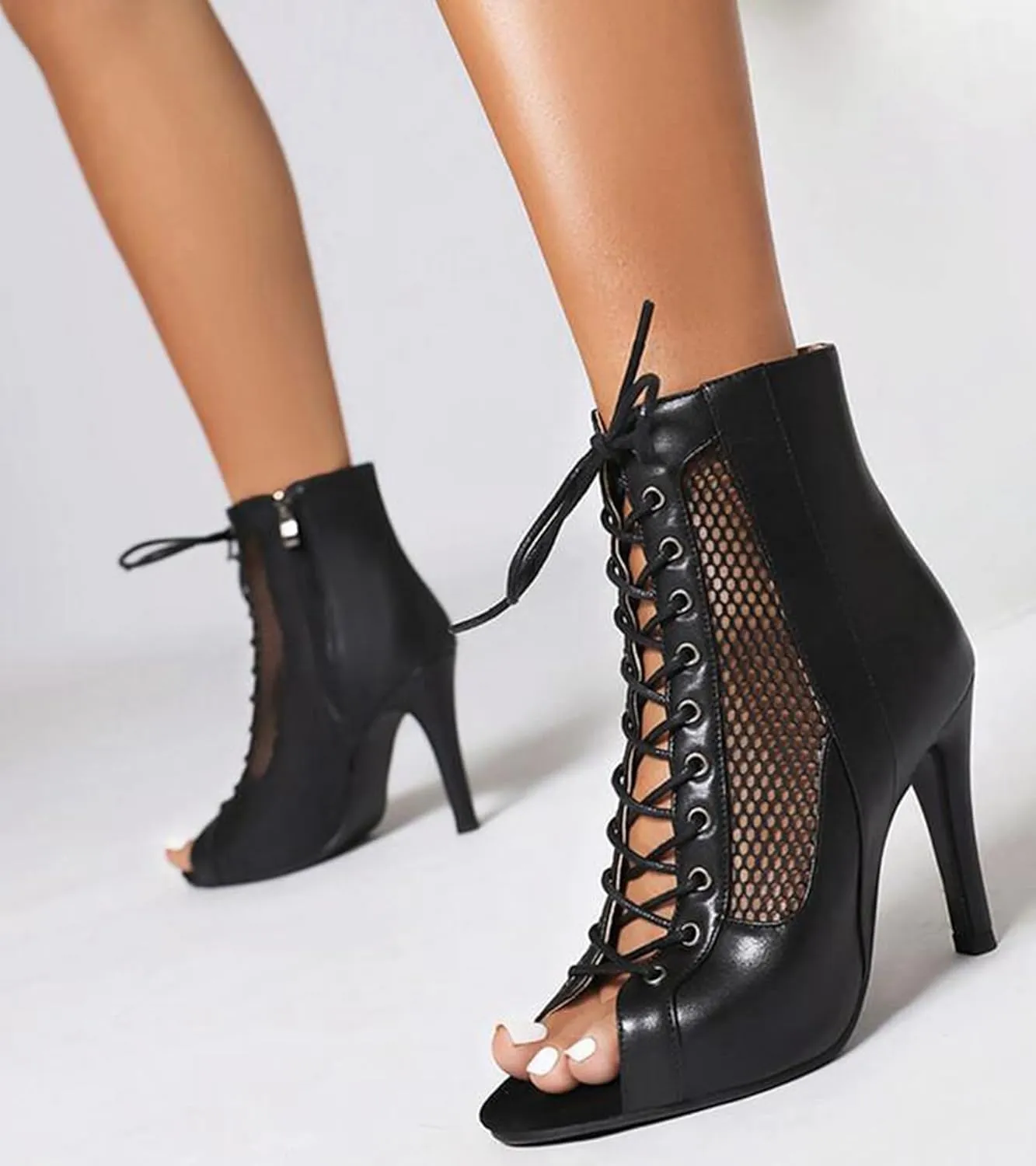 Minishion Ballroom Dance Booties for Women Peep Toe Lace-up Outdoor Dressy Ankle Boots Z004