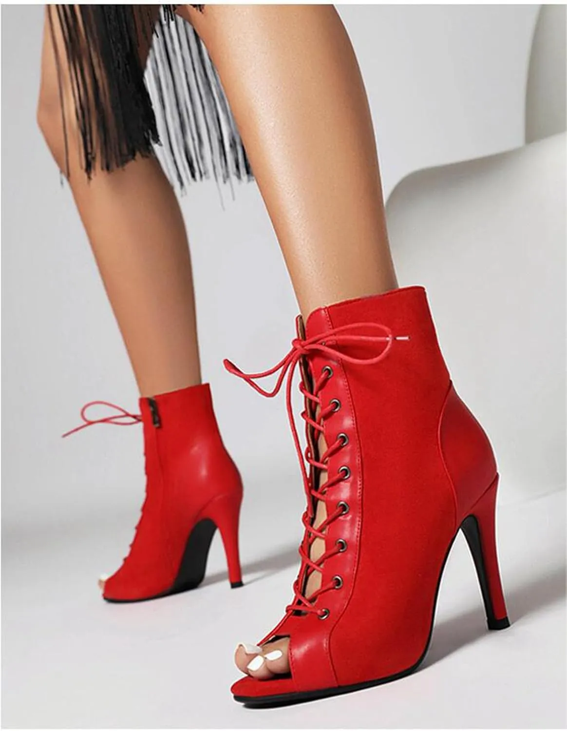 Minishion Womens Dancing Heels Booties Lace-up Open Toe Sexy Dressy Ankle Boots Z012
