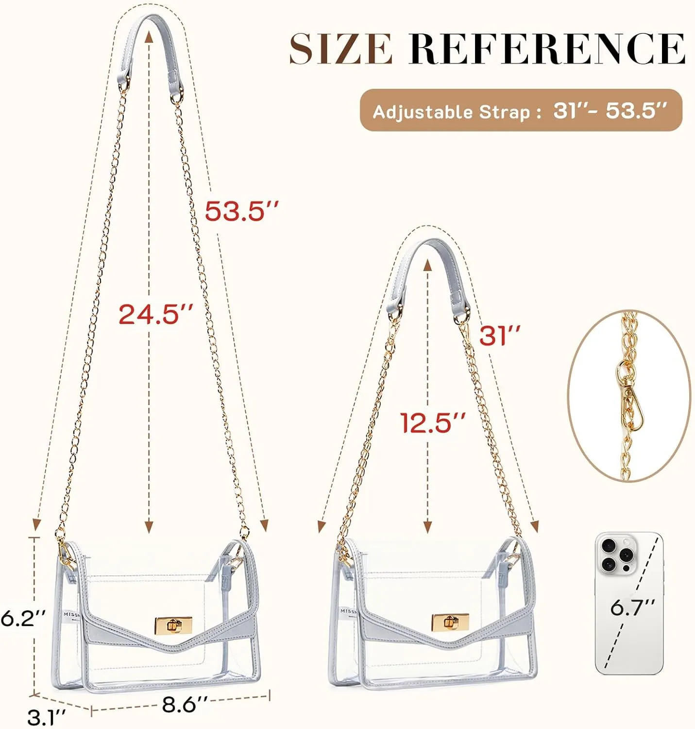 Missnine Clear Bag for Stadium Events Clear Crossbody Purse Stadium Approved Women Transparent Shoulder Bag for Concerts