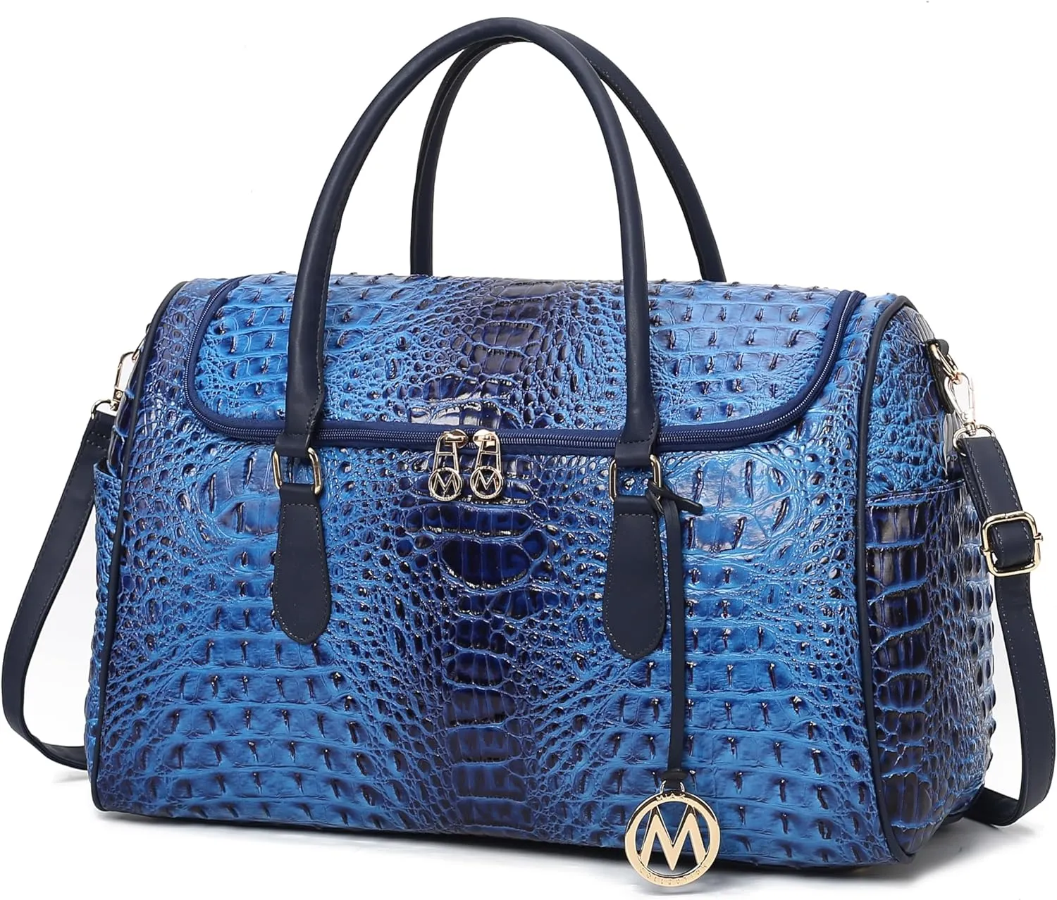 MKF Collection Women’s Duffle Bag Crocodile Embossed Vegan Leather Fashion Weekender Carry-On Travel Handbag Navy Blue by Mia K