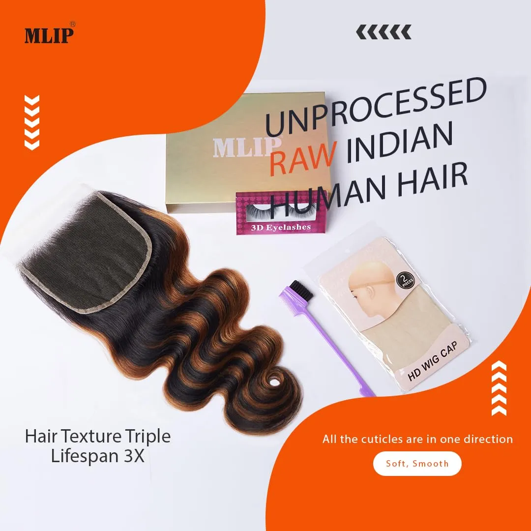 Mlip 5x5 HD Lace Closure Body Wave, 0.10mm Ultra Thin Invisible Swiss Lace, Skinlike Real HD Lace Melt into Skin Perfectly, Pre-plucked Natural Hairline, Raw Indian Human Hair 14 Inch Highlight Color