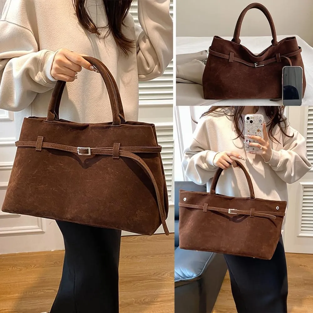 Modavo Vintage Suede Tote Bag, Women's Large Brown Suede Handbag with Top Handles