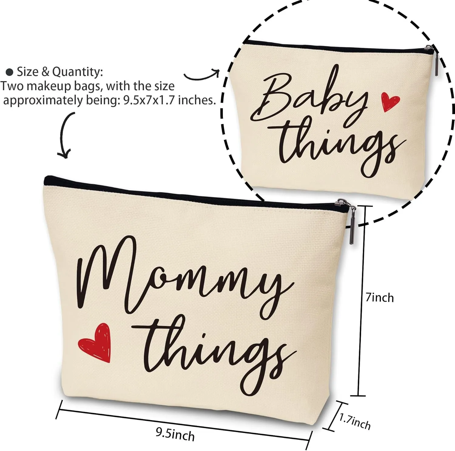 Mommy and Baby Matching Pouch Set, Mommy Things and Baby Things Bags, Gifts for New Moms Expecting Moms, Matching Travel Cases, Beige Set of 2