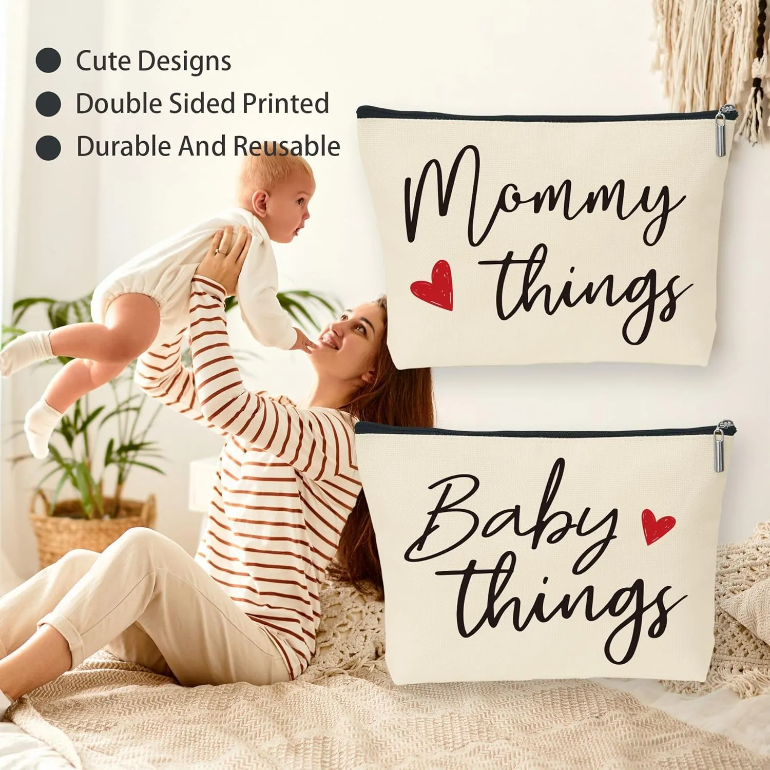 Mommy and Baby Matching Pouch Set, Mommy Things and Baby Things Bags, Gifts for New Moms Expecting Moms, Matching Travel Cases, Beige Set of 2