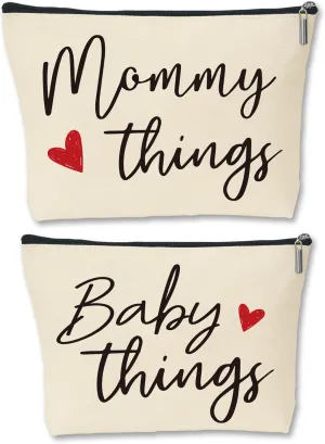 Mommy and Baby Matching Pouch Set, Mommy Things and Baby Things Bags, Gifts for New Moms Expecting Moms, Matching Travel Cases, Beige Set of 2