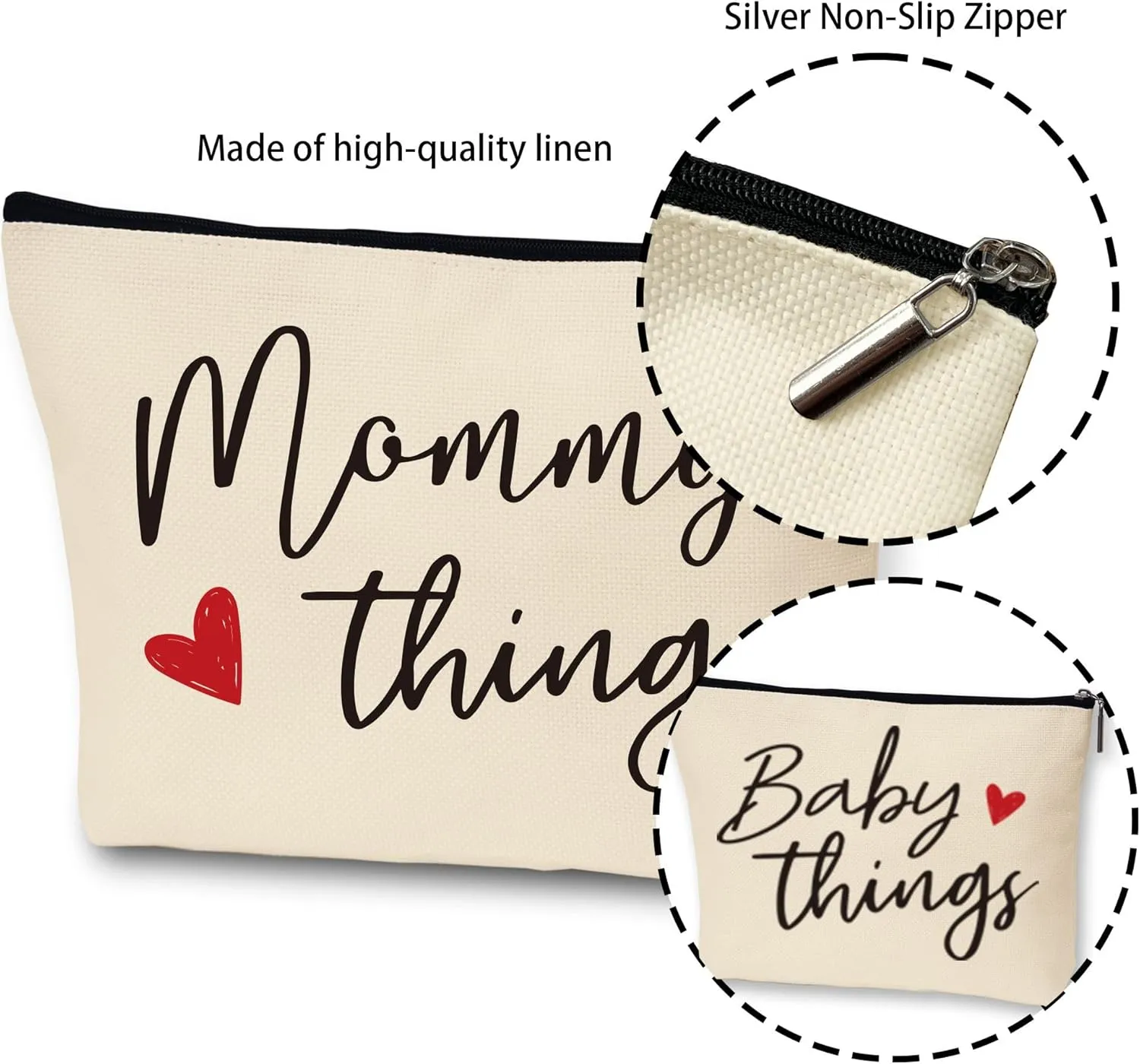 Mommy and Baby Matching Pouch Set, Mommy Things and Baby Things Bags, Gifts for New Moms Expecting Moms, Matching Travel Cases, Beige Set of 2