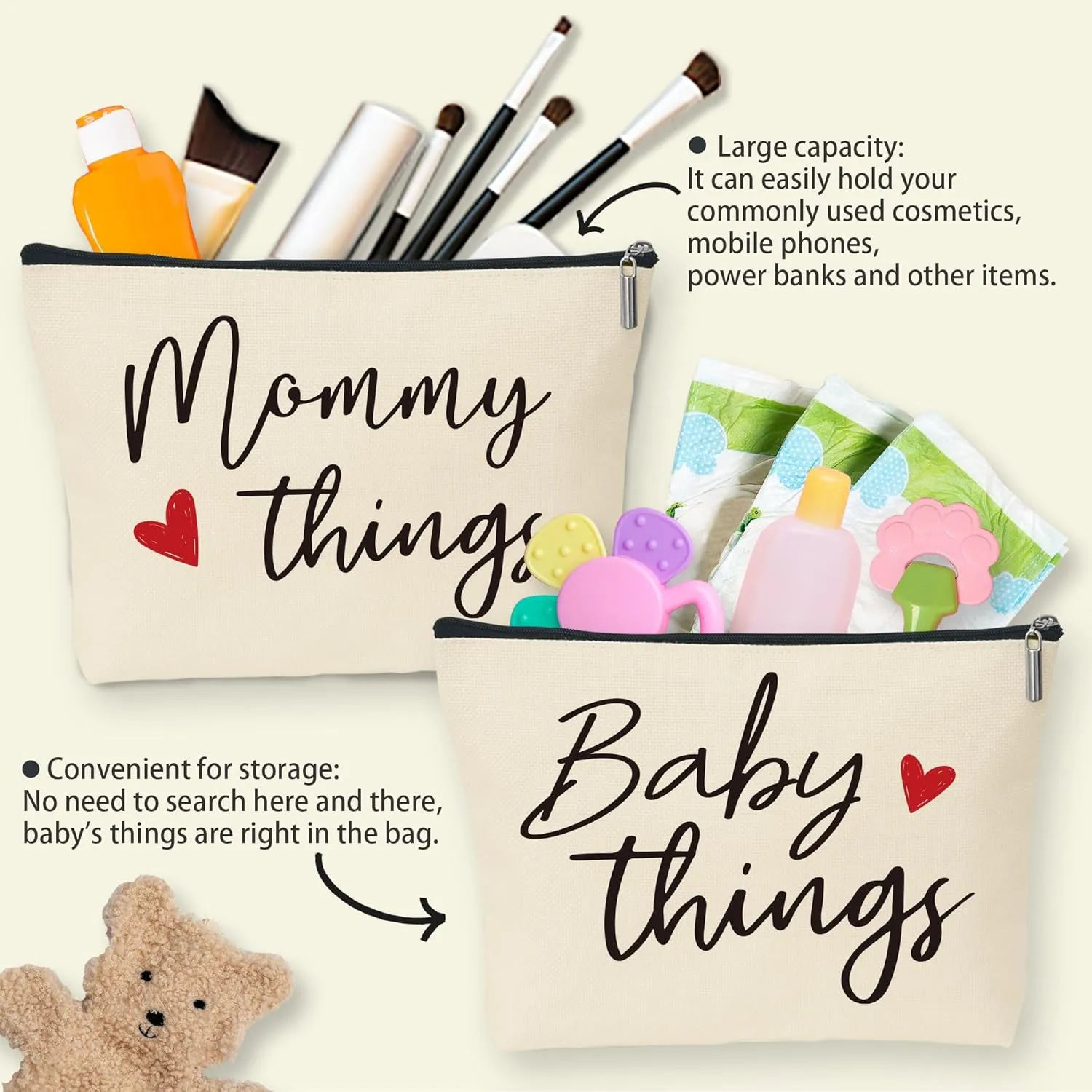 Mommy and Baby Matching Pouch Set, Mommy Things and Baby Things Bags, Gifts for New Moms Expecting Moms, Matching Travel Cases, Beige Set of 2
