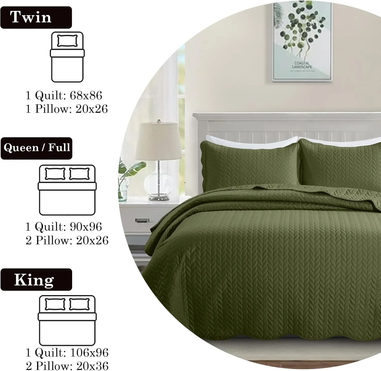 MOONLIGHT20015 Quilt King Size Bedding Set (106" x 96") - 2 Pillow Shams (20" x 36"  2") - Summer Reversible Lightweight 3 Pcs Microfiber Coverlet Set Embossed Quilt Bedspreads (Olive Green)