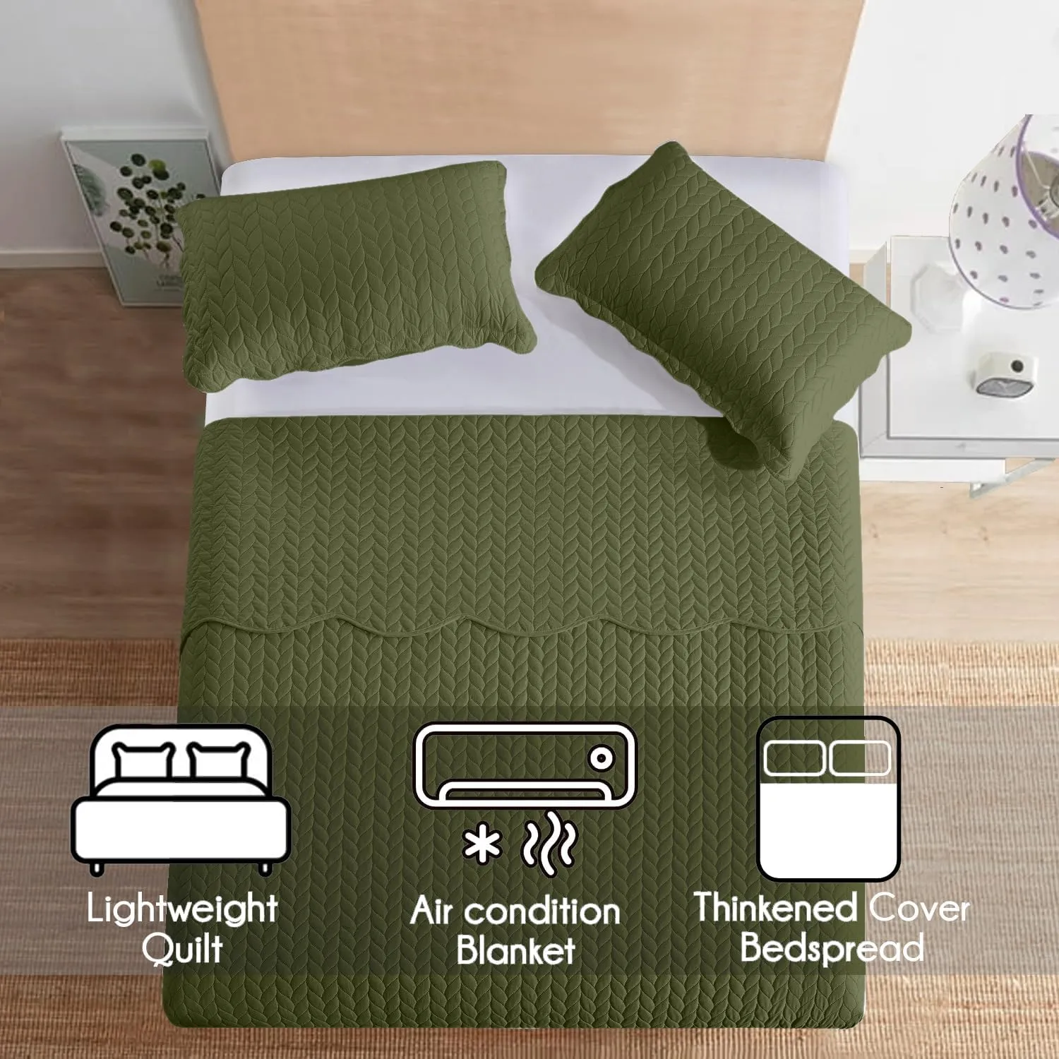 MOONLIGHT20015 Quilt King Size Bedding Set (106" x 96") - 2 Pillow Shams (20" x 36"  2") - Summer Reversible Lightweight 3 Pcs Microfiber Coverlet Set Embossed Quilt Bedspreads (Olive Green)