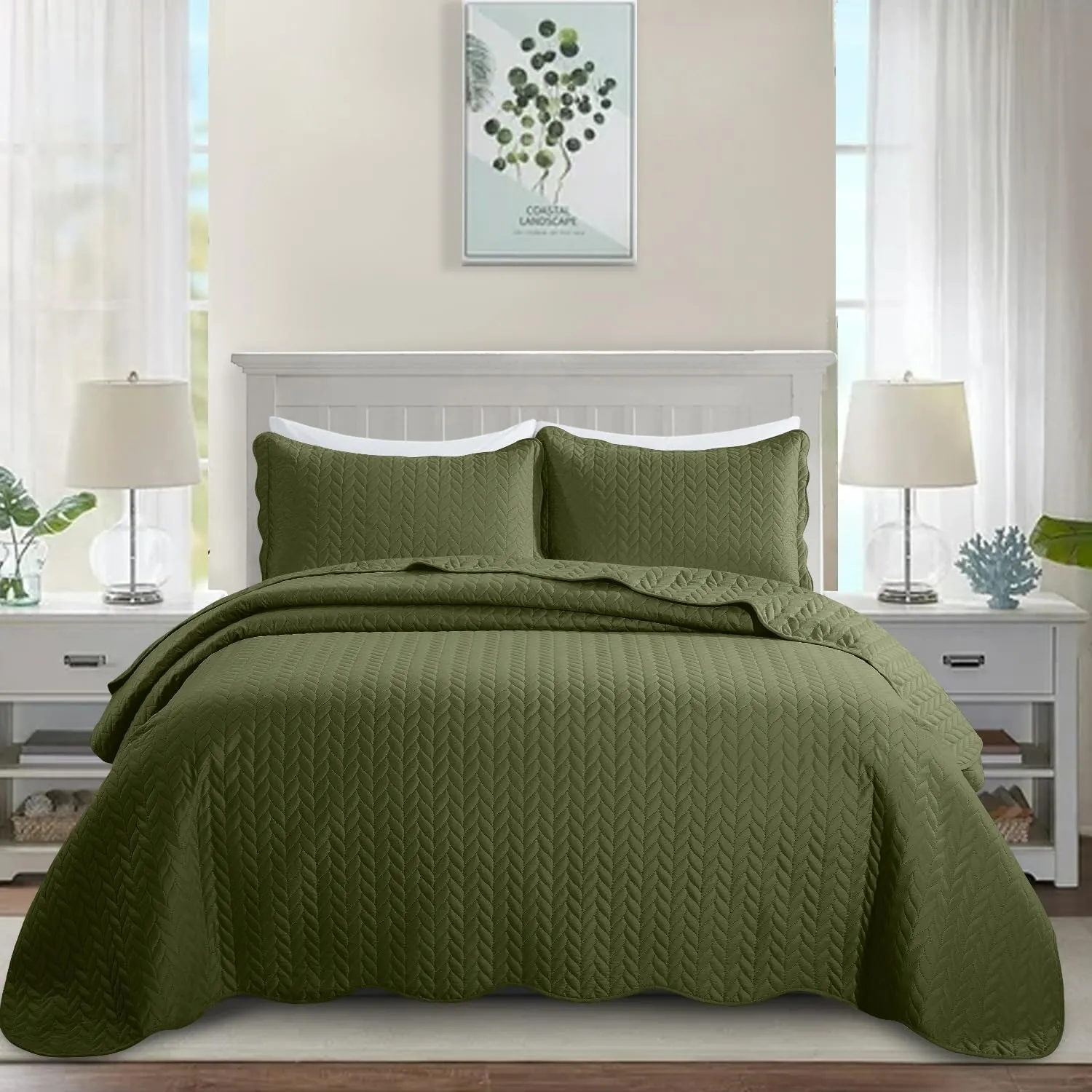 MOONLIGHT20015 Quilt King Size Bedding Set (106" x 96") - 2 Pillow Shams (20" x 36"  2") - Summer Reversible Lightweight 3 Pcs Microfiber Coverlet Set Embossed Quilt Bedspreads (Olive Green)