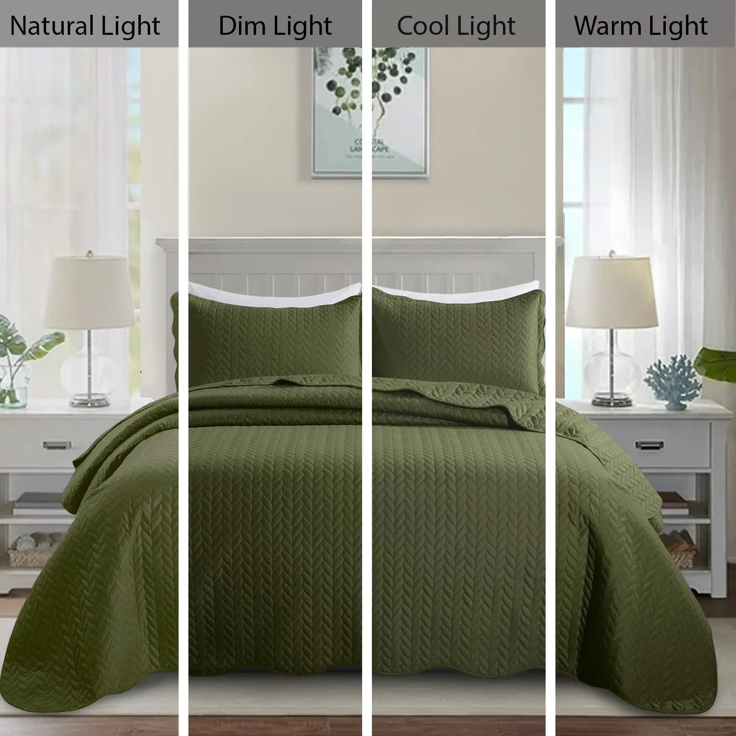 MOONLIGHT20015 Quilt King Size Bedding Set (106" x 96") - 2 Pillow Shams (20" x 36"  2") - Summer Reversible Lightweight 3 Pcs Microfiber Coverlet Set Embossed Quilt Bedspreads (Olive Green)