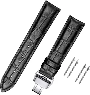Moran Quick Release Leather Watch Bands Deployment Butterfly Buckle 18mm 20mm 22mm 24mm Blue Black Brown Calfskin Replacement Watch Strap for Men & Women
