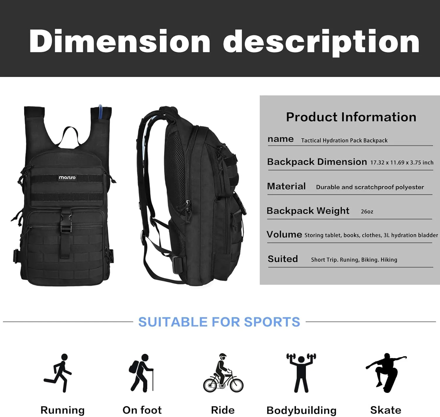 MOSISO Tactical Hydration Pack Backpack, Lightweight Military Daypack Water Backpack Rucksack Bag with 3L Water Bladder