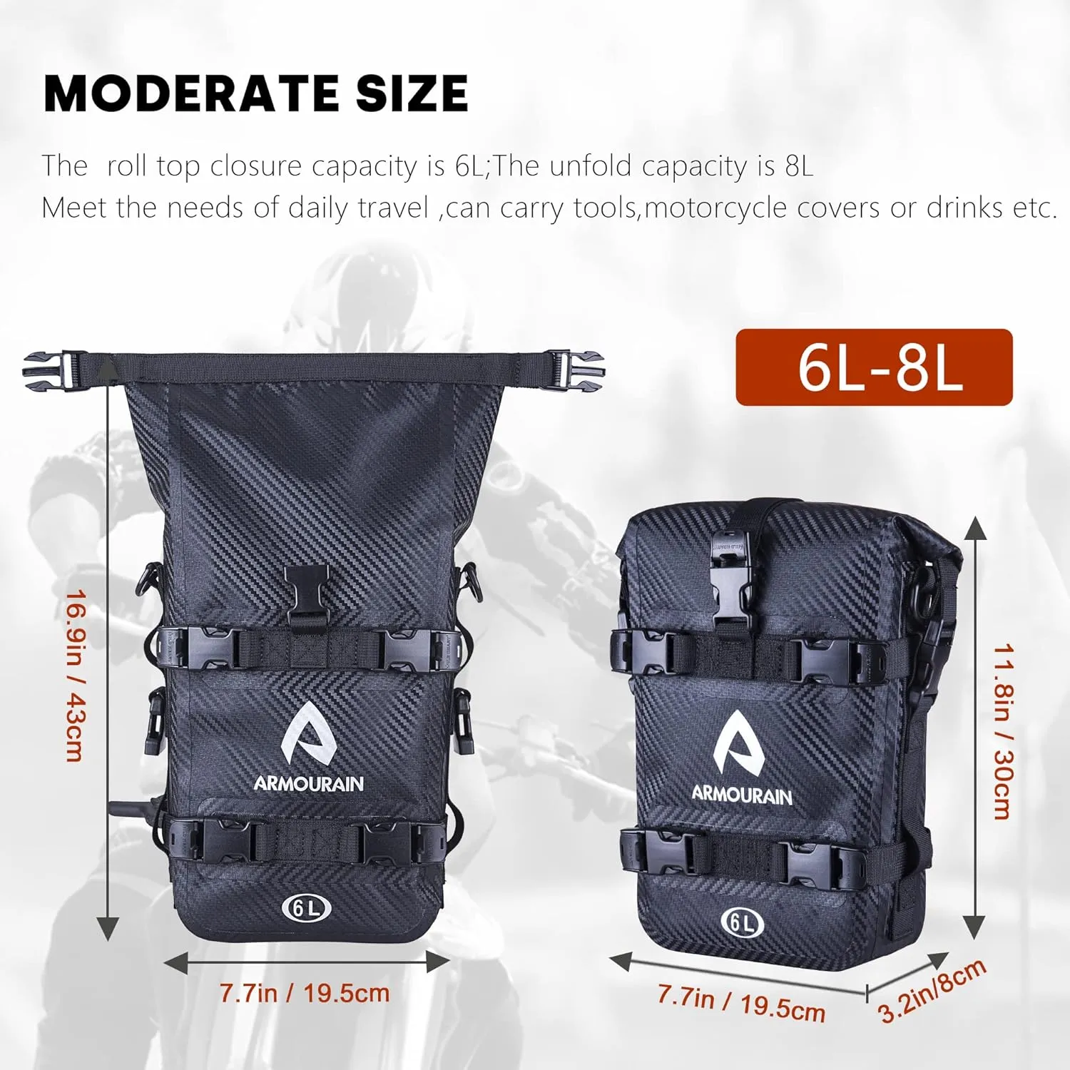 Motorcycle Bumpers Bag Waterproof 6L Motor Crash Bar Bag with Shoulder Strap Motorcycles Side Frame Bag Riding Tools Accessories (PVC Imitation Carbon Fiber Black)