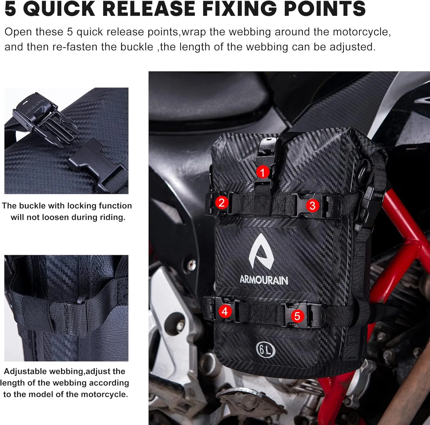Motorcycle Bumpers Bag Waterproof 6L Motor Crash Bar Bag with Shoulder Strap Motorcycles Side Frame Bag Riding Tools Accessories (PVC Imitation Carbon Fiber Black)
