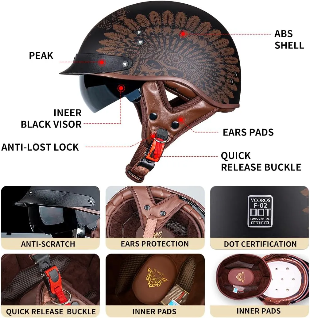 Motorcycle Half Helmet Sun Visor Quick Release Buckle DOT Approved Half Face Helmets for Men Women (F02-Indian, M)