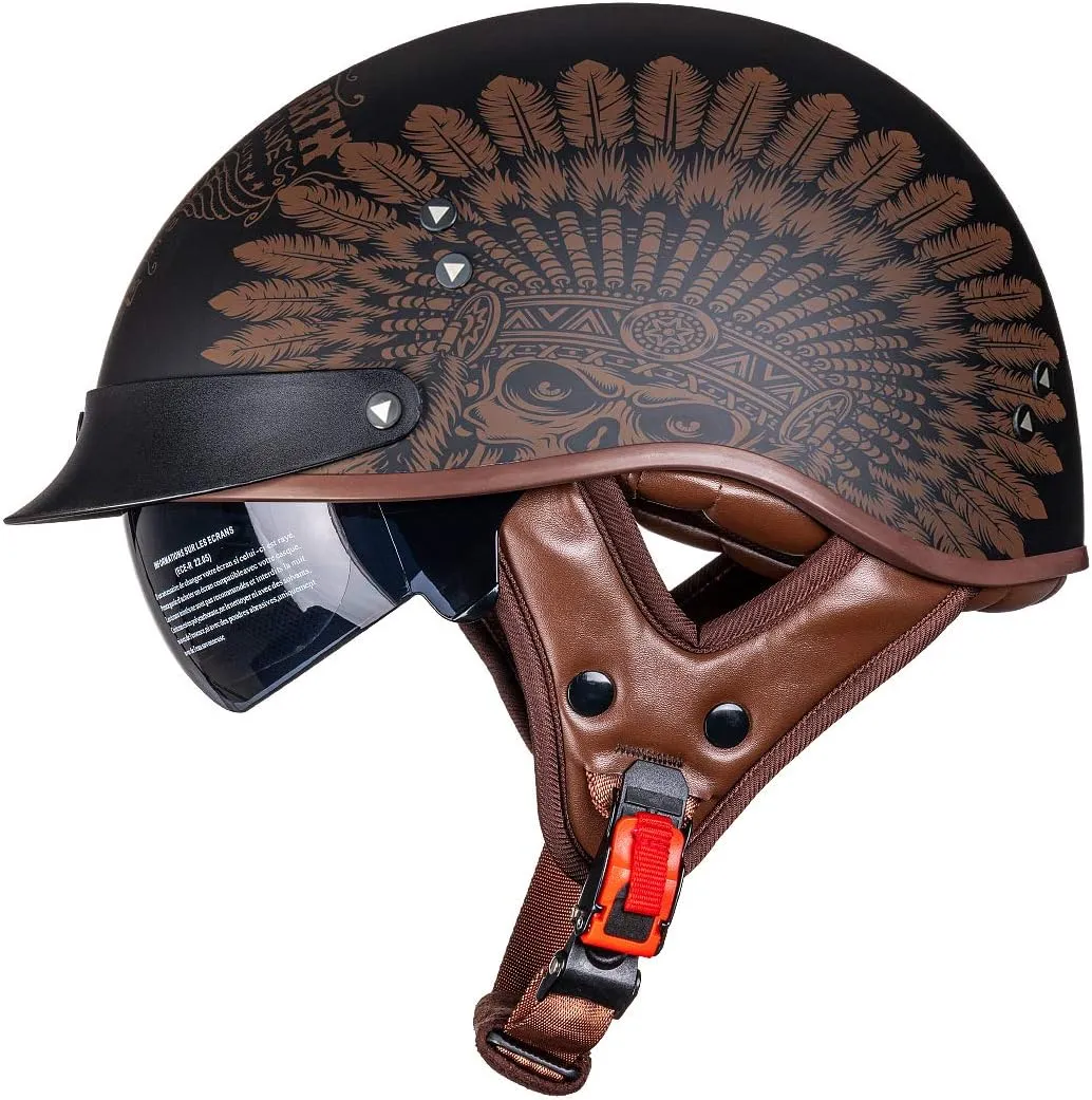 Motorcycle Half Helmet Sun Visor Quick Release Buckle DOT Approved Half Face Helmets for Men Women (F02-Indian, M)