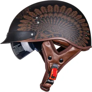 Motorcycle Half Helmet Sun Visor Quick Release Buckle DOT Approved Half Face Helmets for Men Women (F02-Indian, M)