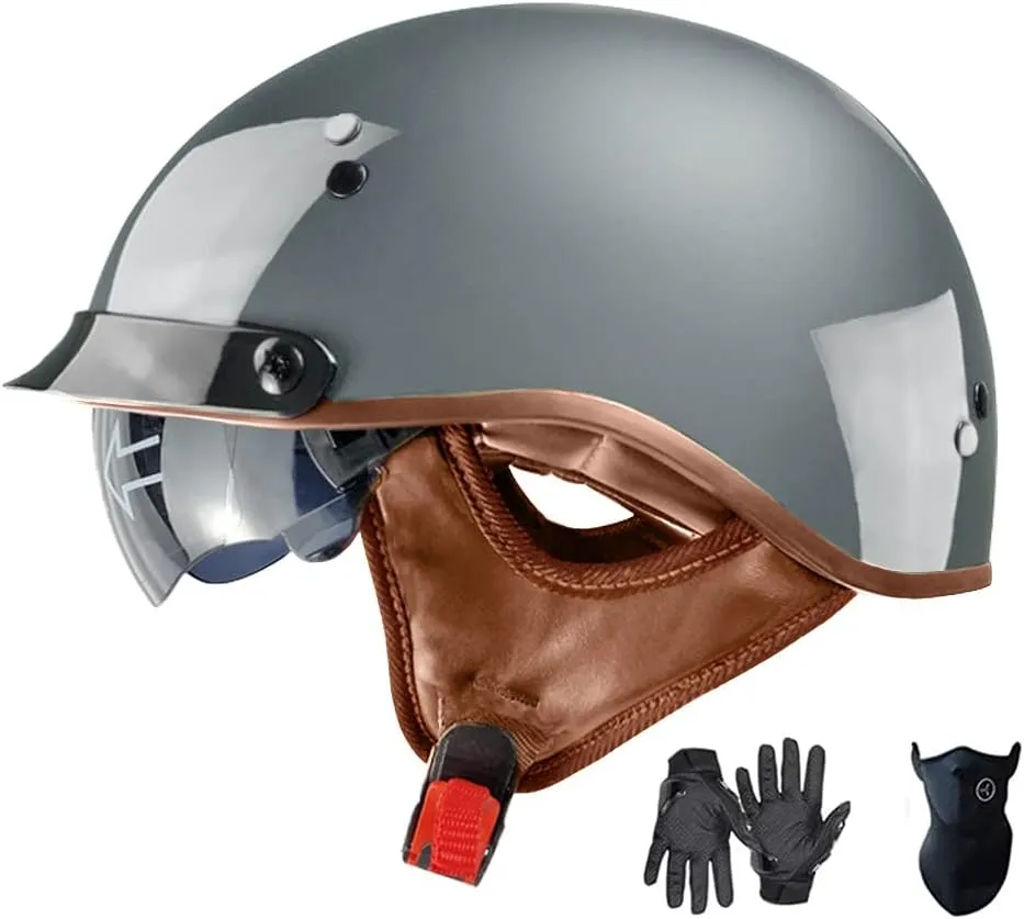 Motorcycle Half Helmet with Retractable Inner Sun Shade Quick Release Buckle DOT Approved Half Face Cycling Helmets for Men Women Adult