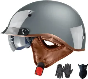 Motorcycle Half Helmet with Retractable Inner Sun Shade Quick Release Buckle DOT Approved Half Face Cycling Helmets for Men Women Adult